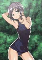  armpits arms_up blue_one-piece_swimsuit breasts brown_eyes cameltoe chuunenpi commentary_request contrapposto covered_nipples female nagato_yuki one-piece_swimsuit purple_hair school_swimsuit short_hair small_breasts solo standing suzumiya_haruhi_no_yuuutsu swimsuit wet wet_hair 