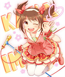  ;d blush brown_hair character_name collarbone commentary_request female hair_ornament idolmaster idolmaster_cinderella_girls imai_kana microphone microphone_stand one_eye_closed open_mouth orange_eyes short_hair sleeveless smile solo star_(symbol) thighhighs twintails udon_(memai_no_kabe) white_thighhighs wrist_cuffs 