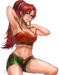  bellows_(suisei_no_gargantia) blue_eyes breasts commentary_request crop_top earrings female green_shorts highres hoop_earrings jewelry large_breasts long_hair midriff navel ponytail red_hair sasagawa_(haikaiki) short_shorts shorts solo suisei_no_gargantia wet 