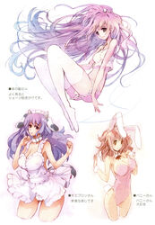  3girls animal_ears apron blue_hair breasts brown_eyes brown_hair bunny_girl bunny_tail bunnysuit camisole cleavage collar cow_ears cow_print cow_tail hadaka_apron hairband horns kemonomimi large_breasts long_hair momiji_mao multicolored_hair panties_down pantsu panty_pull purple_hair thighhighs usamimi very_long_hair white_thighhighs wrist_cuffs 