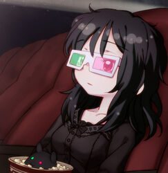  3d_glasses :3 aratagawa_nikei black_hair commentary_request creature female food heterochromatic_eyewear kirishima_sagiri long_hair movie_theater popcorn sitting tama_(ukagaka) ukagaka 