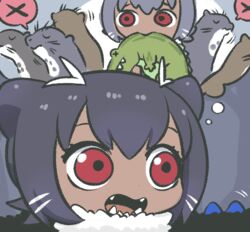  animal_ears black_hair commentary_request crocodile crocodilian dark_skin fangs female fur_collar giant_otter_(kemono_friends)_(kuro_(kurojill)) imagining kemono_friends kuro_(kurojill) lucky_beast_(kemono_friends) mouth_hold open_mouth original otter otter_ears red_eyes short_hair spoken_x thought_bubble x_x 