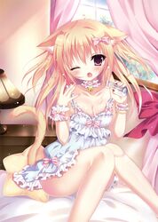  ;&lt; absurdres animal_ears bell blonde_hair bottle bow bracelet breasts cat_ears choker cleavage cream curtains dress female hair_between_eyes hairbow heart highres himemiya_niina holding jewelry knees_together_feet_apart lamp long_hair medium_breasts milk_bottle non-web_source one_eye_closed original pillow pink_bow pink_curtains plant purple_eyes scan solo table tail wall window 