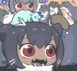  :d ^_^ animal_ears black_hair closed_eyes commentary_request dark_skin fangs female fur_collar giant_otter_(kemono_friends)_(kuro_(kurojill)) imagining kemono_friends kuro_(kurojill) lucky_beast_(kemono_friends) mouth_hold open_mouth original otter otter_ears red_eyes short_hair smile spoken_o thought_bubble wavy_eyes x_x 