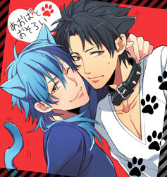  2boys animal_ears bad_id bad_pixiv_id black_hair blue_hair blush cat_tail collar dramatical_murder hug male_focus multiple_boys one_eye_closed paw_print ren_(dramatical_murder) sei_(hanibani) seragaki_aoba smile sweat tail yaoi yellow_eyes 