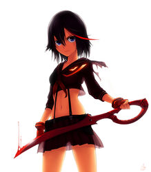  absurdres arantheus black_hair blood blue_eyes crop_top crop_top_overhang female fingerless_gloves gloves highres imageboard_desourced kill_la_kill looking_at_viewer matoi_ryuuko midriff multicolored_hair navel non-web_source school_uniform scissor_blade_(kill_la_kill) see-through senketsu serafuku shirt short_hair simple_background skirt smile solo streaked_hair suspenders weapon white_background 