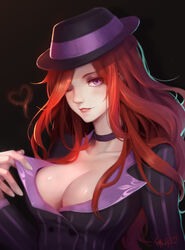  absurdres alternate_costume black_background breasts choker cleavage clothes_pull commentary_request crime_city_miss_fortune female hat heart highres large_breasts league_of_legends lipstick long_hair looking_at_viewer makeup miss_fortune_(league_of_legends) one_eye_closed parted_lips photoshop_(medium) pinstripe_pattern purple_eyes red_hair red_lips scarlet_moon shirt_pull signature simple_background solo striped 