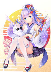  arrow_(projectile) azur_lane bare_shoulders black_footwear black_ribbon blue_eyes blush closed_mouth commentary_request detached_sleeves egasumi female flower full_body garter_straps hair_bun hair_flower hair_ornament hamaya holding holding_arrow japanese_clothes kimono knees_together_feet_apart long_hair long_sleeves obi official_alternate_costume purple_hair red_flower red_rose rei_(rei&#039;s_room) ribbon rose sandals sash single_hair_bun sleeveless sleeveless_kimono smile solo stuffed_animal stuffed_toy stuffed_winged_unicorn thighhighs unicorn_(azur_lane) unicorn_(prayer_of_plum_and_snow)_(azur_lane) white_kimono white_sleeves white_thighhighs zouri 