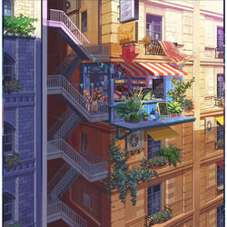  1other 2girls air_conditioner animal awning bakery bird blonde_hair bread brown_hair building cityscape commentary_request day fantasy food fujiwara_(fujiwara43) furry highres long_hair menu_board multiple_girls original outdoors page_number pennant photoshop_(medium) plant ponytail potted_plant scenery shop short_shorts shorts sign stairs string_of_flags very_wide_shot window 