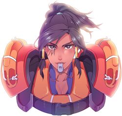  armor black_hair breasts brown_eyes cleavage cropped_torso dark-skinned_female dark_skin eye_of_horus facial_tattoo female hair_tubes highres life_vest lifeguard lifeguard_pharah lips medium_hair mingway mouth_hold official_alternate_costume overwatch overwatch_1 pharah_(overwatch) ponytail portrait shoulder_armor solo tattoo whistle 