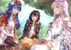  3girls absurdres bare_shoulders basket black_hair black_legwear blue_eyes blue_hair blurry blurry_background book book_of_naga circlet collarbone commentary_request commission depth_of_field dress elbow_gloves fire_emblem fire_emblem:_genealogy_of_the_holy_war fire_emblem:_the_binding_blade fire_emblem_heroes forblaze gloves highres julia_(fire_emblem) light_purple_hair lilina_(fire_emblem) lilina_(firelight_leader)_(fire_emblem) long_hair long_sleeves looking_away morgan_(female)_(fire_emblem) morgan_(fire_emblem) multiple_girls nei_(aduma1120ponpon) open_book outdoors pantyhose picnic picnic_basket purple_eyes robe skeb_commission tree white_gloves 