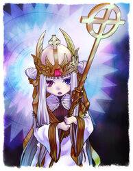  border brown_dress commentary_request cone_hair_bun cowboy_shot crosier cross crown dress fake_wings female gem golden_wings hair_bun heterochromia holding holding_staff layered_dress long_hair long_sleeves looking_at_viewer open_mouth pope_(ragnarok_online) purple_eyes ragnarok_online red_eyes solo staff susukinohukurou white_border white_dress white_hair wide_sleeves wings 