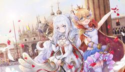  +_+ 2girls amusement_park azur_lane bird blonde_hair blue_eyes breasts cape carnival_mask cathedral chinese_commentary clothing_cutout commentary_request day death-the-cat double_bun dove epaulettes falling_petals gauntlets hair_bun highres le_malin_(azur_lane) le_triomphant_(azur_lane) long_hair long_sleeves multiple_girls petals rose_petals short_hair sideboob skirt sky small_breasts tutu underboob underboob_cutout venice very_long_hair white_hair 