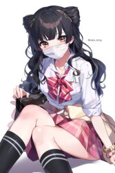  bag bangs banned_artist black_bag black_hair black_legwear blunt_bangs brown_eyes commentary_request double_bun feet_out_of_frame female frills highres idolmaster idolmaster_shiny_colors kneehighs long_hair long_sleeves looking_at_viewer mask mayuzumi_fuyuko mouth_mask neck_ribbon pink_skirt red_ribbon ribbon sake_dong school_bag school_uniform shadow simple_background skirt solo striped striped_ribbon twitter_username white_background white_mask 