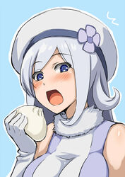  aila_jyrkiainen blue_eyes blush breasts close-up female food gloves grey_hair gundam gundam_build_fighters hat holding holding_food large_breasts looking_at_viewer open_mouth solo sorano_(12gou) white_gloves white_hat 