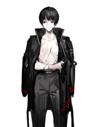  belt black_belt black_eyes black_hair black_jacket black_pants breasts closed_mouth collarbone expressionless female jacket library_of_ruina long_sleeves looking_to_the_side nishikujic open_clothes open_jacket pants project_moon scar scar_across_eye scar_on_chest small_breasts solo yujin_(project_moon) 