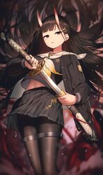  absurdres azur_lane black_hair black_jacket black_pantyhose black_shirt black_skirt blunt_bangs character_name commission female gradient_neckerchief hair_ornament highres holding holding_sheath holding_sword holding_weapon hoplitx horns jacket katana long_hair looking_at_viewer midriff neckerchief noshiro_(azur_lane) oni_horns open_clothes open_jacket pantyhose parted_lips pixiv_commission pleated_skirt purple_eyes sailor_collar sheath shirt skirt solo sword thigh_strap unsheathing weapon x_hair_ornament 