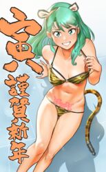  absurdres animal_ears animal_print aqua_hair arm_support bikini breasts chinese_zodiac colored_inner_hair commentary_request fake_animal_ears fake_tail female genji_tsuushin_agedama green_eyes green_hair grin hair_ornament hairclip highres kaze_fukeba_nanashi kuki_rei leaning_back long_hair looking_at_viewer medium_breasts micro_bikini multi-strapped_bikini multicolored_hair navel nengajou new_year o-ring o-ring_bikini o-ring_top on_floor parted_lips pubic_tattoo sitting smile solo stomach strap_pull string_bikini swept_bangs swimsuit tail tattoo tiger_ears tiger_print tiger_tail year_of_the_tiger 