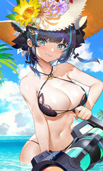  azur_lane bare_arms bare_shoulders bikini black_hair blue_eyes blue_hair blue_sky blush bow breasts calder cheshire_(azur_lane) chinese_commentary cleavage closed_mouth cloud cloudy_sky collarbone day female flower hairbow halterneck hat highres horizon large_breasts looking_at_viewer multicolored_hair navel ocean outdoors short_hair sky smile solo straw_hat streaked_hair sunflower swimsuit wading water wet 