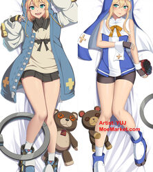  2boys bike_shorts blonde_hair blue_eyes bridget dakimakura_(medium) dual_persona guilty_gear guilty_gear_strive guilty_gear_xx habit highres hood hooded_jacket jacket knees_together_feet_apart legs male_focus multiple_boys nun otoko_no_ko shadow sleeveless stuffed_animal stuffed_toy teddy_bear yo-yo yuj_(moemarket) 