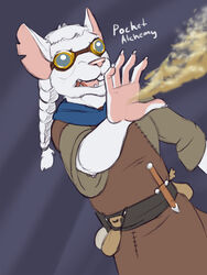  2019 alchemist anthro braided_hair buckteeth dialogue english_text eyewear fur goggles hair hi_res king_of_the_hill lord_magicpants male mammal medieval_clothing meme murid murine open_mouth pocket_sand rat rodent simple_background solo teeth text white_body white_fur white_hair 