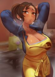  a_big_brother apron arms_up blush breasts brown_eyes brown_hair cleavage dark-skinned_female dark_skin earrings female highres housewife indoors jewelry large_breasts looking_at_viewer mature_female medium_hair paldea_mother parted_bangs parted_lips pokemon pokemon_sv ponytail shirt solo yellow_apron 