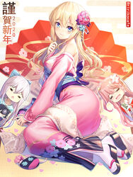  2020 3girls :d =_= ass bare_shoulders black_footwear blonde_hair blue_bow blue_eyes blue_flower blue_kimono blush bow breasts camera closed_eyes closed_mouth commentary_request cup egasumi emily_stock flower hair_between_eyes hair_flower hair_ornament hairbow highres holding holding_camera holding_cup japanese_clothes kimono long_hair long_sleeves lying medium_breasts multiple_girls obi off_shoulder on_side one_side_up open_mouth original pink_kimono red_kimono ririko_(zhuoyandesailaer) saegusa_futaba saegusa_riko sandals sash sleeves_past_wrists smile socks triangle_mouth twitter_username v-shaped_eyebrows very_long_hair wavy_mouth white_hair white_legwear wide_sleeves yunomi zouri 