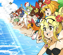  6+girls alice_margatroid alternate_costume ball beach beachball bikini black-framed_eyewear black_bikini black_one-piece_swimsuit black_wings blonde_hair blue_shirt blue_sky blush bow braid breasts brown_hair brown_horns cleavage closed_eyes closed_mouth cloud commentary cookie_(touhou) daiyousei day diyusi_(cookie) eyewear_on_head fishing_rod flat_chest flower flying food_print frilled_hair_tubes frills full_body genpatsu_(cookie) glasses gram_9 green_hair grin hair_bobbles hair_flower hair_ornament hair_tubes hairband hairbow hakurei_reimu head_wings hibiscus highres hinase_(cookie) holding holding_fishing_rod horns ibuki_suika izayoi_sakuya jumping kazami_yuuka kirisame_marisa koakuma large_breasts long_hair looking_afar macota_(cookie) manatsu_no_yo_no_inmu medium_bangs medium_breasts multiple_girls nadeko_(cookie) navel ocean old_school_swimsuit one-piece_swimsuit onozuka_komachi open_mouth outdoors pale_skin pink_innertube plaid plaid_bikini print_bikini red_bikini red_bow red_flower red_hair red_hairband reiuji_utsuho reu_(cookie) running sakenomi_(cookie) school_swimsuit shirt shishou_(cookie) short_hair single_braid sky smile sparkle striped_innertube swimsuit the_chicken_that_appears_in_the_middle_of_cookie touhou upper_body uzuki_(cookie) water watermelon_print white_innertube wings yajuu_senpai yamin_(cookie) yellow_bikini yellow_bow yellow_eyes yellow_flower yuzuyu_(cookie) 