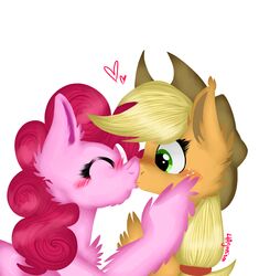  2022 4agonism applejack_(mlp) blonde_hair blush cheek_tuft chest_tuft chin_tuft clothing cowboy_hat digital_drawing_(artwork) digital_media_(artwork) duo ear_tuft earth_pony equid equine eyelashes facial_tuft female female/female feral fetlocks freckles friendship_is_magic fur green_eyes hair hasbro hat headgear headwear heart_symbol hi_res holding_head horse kiss_on_lips kissing mammal my_little_pony pink_body pink_fur pink_hair pinkie_pie_(mlp) pony ponytail simple_background surprise_kiss tuft white_background white_body white_fur 