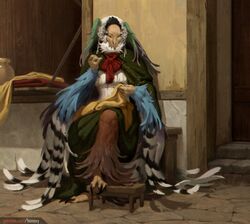  2020 3_toes 4_fingers anthro avian bird claws clothing day detailed_background digital_media_(artwork) feathers feet female fingers hi_res honovy mask multicolored_body multicolored_feathers outside sewing sitting solo toes 