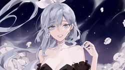  absurdres black_dress blue_eyes blue_hair breasts choker cleavage collarbone detached_sleeves dress earrings english_commentary female floating_hair hair_ribbon highres indie_virtual_youtuber jewelry long_hair mantou_rei mantou_rei_(artist) medium_breasts parted_lips ribbon smile solo upper_body virtual_youtuber white_choker white_ribbon 