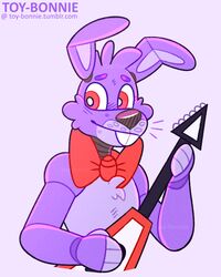  2020 animatronic anthro black_nose bonnie_(fnaf) bow_tie buckteeth chest_tuft eyebrows five_nights_at_freddy&#039;s fur guitar holding_object lagomorph leporid machine male mammal musical_instrument plucked_string_instrument purple_body purple_eyebrows purple_fur purple_inner_ear rabbit robot scottgames shy smile solo string_instrument teeth toy-bonnie tuft 