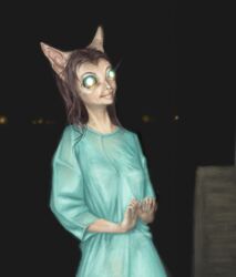  2019 animal_humanoid breasts claws digital_media_(artwork) digital_painting_(artwork) felid feline female finger_claws genetic_engineering glowing glowing_eyes hospital_gown humanoid humanoid_hands long_nails mammal nightmare_fuel small_breasts small_nose solo story story_in_description tan_body tan_skin tapetum vanga-vangog what_has_science_done where_is_your_god_now 