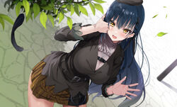  belt beret black_belt black_hat black_shirt blush breasts breasts_squeezed_together brown_skirt chest_harness cleavage falling_leaves female frilled_shirt frills green_hair grey_shirt hand_in_own_hair harness hat highres huge_breasts jewelry leaf leaning nijisanji pleated_skirt ring shirt skirt sleeves_past_elbows smile solo standing utility_pole vane_(vane0) virtual_youtuber waving yamagami_karuta yamagami_karuta_(3rd_costume) yellow_eyes 