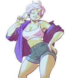  antenna_hair armpits artyintheuk breasts bright_pupils cheelai collarbone collared_shirt colored_skin commentary crop_top denim denim_shorts dragon_ball dragon_ball_super dragon_ball_super_broly dress_shirt female green_skin grin hand_on_own_hip high-waist_shorts long_sleeves looking_at_viewer medium_breasts midriff navel off_shoulder one_eye_closed purple_eyes purple_shirt shirt short_hair short_shorts shorts shorts_rolled_up simple_background skindentation sleeves_pushed_up smile solo sports_bra thick_eyebrows thighs underwear v white_background white_hair white_sports_bra 