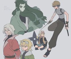  5boys bad_id bad_twitter_id black_hair black_pants black_shirt blonde_hair blue_shorts brown_headwear character_request dazhi_(the_legend_of_luoxiaohei) eyewear_on_head full_body geshao_(the_legend_of_luoxiaohei) green_hair green_jacket grey_background grey_hair hat jacket jiulao_(the_legend_of_luoxiaohei) long_hair longyan_(the_legend_of_luoxiaohei) luo_xiaohei_zhanji male_focus multiple_boys pants pointy_ears shirt shorts simple_background sirakaro white_headwear 