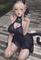  :o animal_ears artist_name artoria_pendragon_(fate) bare_arms bare_shoulders bell black_bow black_dress black_nails blonde_hair bow breasts cat_ears cat_girl cat_tail cleavage cleavage_cutout clothing_cutout commentary dress english_commentary fangs fate/stay_night fate_(series) female hairbow hand_on_own_thigh highres jingle_bell kemonomimi_mode kneeling large_breasts looking_at_viewer nail_polish open_mouth outdoors paw_pose pink_lips saber_alter short_hair sidelocks sleeveless sleeveless_dress solo stone_floor tail thaumazo yellow_eyes 