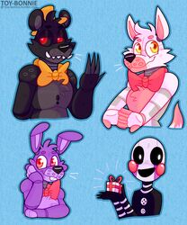  5:6 ambiguous_gender animatronic bear black_body black_fur black_nose black_sclera bonnie_(fnaf) bow_(feature) bow_ribbon bow_tie box buckteeth canid canine cheek_tuft container facial_tuft fingers five_nights_at_freddy&#039;s five_nights_at_freddy&#039;s_2 five_nights_at_freddy&#039;s_4 fox funtime_foxy_(fnafsl) fur gift gift_bow gift_box hair humanoid lagomorph leporid long_ears machine mammal marionette_(fnaf) multiple_images nightmare_(fnaf) purple_body purple_fur rabbit red_cheeks red_eyes robot scottgames sharp_teeth sister_location solo teeth toy-bonnie tuft white_body white_eyes white_fur 