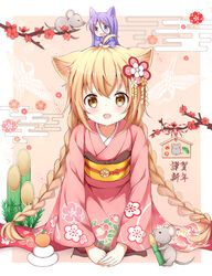  2girls :d absurdres animal animal_ear_fluff animal_ears bad_id bad_pixiv_id bamboo blonde_hair blush braid branch brown_eyes chibi chibi_on_head chinese_zodiac egasumi floral_print flower fox_ears hair_flower hair_ornament highres japanese_clothes kadomatsu kagami_mochi kimono konohana_kitan long_hair long_sleeves looking_at_viewer low_twintails mini_person minigirl mouse_(animal) multiple_girls nengajou new_year obi on_head open_mouth person_on_head pink_kimono print_kimono purple_eyes purple_hair purple_kimono red_flower sash satsuki_(konohana_kitan) smile stick_jitb twin_braids twintails very_long_hair white_flower wide_sleeves year_of_the_rat yuzu_(konohana_kitan) 