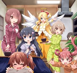  6+girls :3 :d ^_^ angel aqua_eyes barefoot black_hair blonde_hair blue_eyes blush bow bowl brown_eyes brown_hair brown_jacket brown_pants brown_shirt closed_eyes collared_shirt commentary_request dress feathered_wings flower food green_pajamas green_pants green_shirt hair_between_eyes hair_flower hair_ornament hair_over_one_eye hairbow halo high_ponytail highres himesaka_noa holding holding_microphone holding_pillow holding_tray hoshino_hinata hoshino_miyako_(wataten) indoors jacket juliet_sleeves konomori_kanon kotatsu long_hair long_sleeves lying matsumoto_kouko microphone multiple_girls oerba_yun_fang on_stomach one_side_up open_mouth pajamas pants peeking_out pillow pink_flower ponytail puffy_sleeves purple_dress red_bow red_eyes red_jacket red_track_suit ruu_(tksymkw) shirosaki_hana shirt smile star_(symbol) star_print table tanemura_koyori thick_eyebrows track_jacket track_pants track_suit tray tripping twintails under_kotatsu under_the_table v-shaped_eyebrows very_long_hair watashi_ni_tenshi_ga_maiorita! white_shirt white_wings window wings x_hair_ornament yellow_dress 