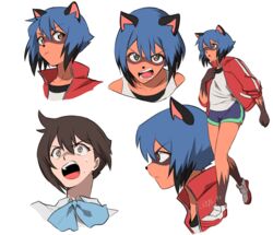  2020 anthro black_hair blue_body blue_eyes blue_hair bodily_fluids bottomwear brand_new_animal brown_body brown_fur canid canine clothed clothing facial_markings female footwear fur gloves_(marking) hair head_markings human jacket looking_at_viewer mammal markings mask_(marking) michiru_kagemori multicolored_body multicolored_fur multicolored_hair multiple_poses pose raccoon_dog shinno shorts solo studio_trigger sweat tanuki tongue topwear 