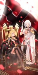  2020 aiguillette artist_name asymmetrical_clothes azur_lane bismarck_(azur_lane) bismarck_(beacon_of_the_ironblood)_(azur_lane) black_dress blonde_hair blue_eyes breasts cape character_name cleavage_cutout clothing_cutout coat_of_arms cross cross_earrings dress earrings elbow_rest epaulettes evening_gown eyebrows_visible_through_hair female full_body gloves gold hair_between_eyes halter_dress high_heels highres holding holding_scepter instrument iron_cross jewelry large_breasts medal medium_hair mior red_ribbon ribbon scepter side_slit single_bare_shoulder solo thighhighs throne tirpitz_(azur_lane) tirpitz_(iron_blood_snowstorm)_(azur_lane) white_cape white_gloves white_hair 