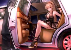  azur_lane breasts brown_gloves brown_hair car cleavage cocktail_dress dress evening_gown female gloves gold_bracelet gold_choker ground_vehicle half_gloves halter_dress high_heels jean_bart_(azur_lane) jean_bart_(uninhibited_bloodstone)_(azur_lane) large_breasts long_hair looking_at_viewer mior motor_vehicle pink_eyes ponytail thighlet white_gloves 