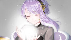  cevio closed_eyes commentary dress female glowing grey_background grey_dress hagoromo headphones headset highres holding kabu_usagi purple_hair see-through see-through_dress shawl short_hair single_sidelock solo vocaloid yuzuki_yukari yuzuki_yukari_(rei) 