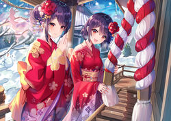  2girls :d absurdres blush bow breasts chinese_commentary closed_mouth commentary_request day floral_print flower girl_cafe_gun hair_between_eyes hair_bun hair_flower hair_ornament highres japanese_clothes kimono long_sleeves multiple_girls new_year obi open_mouth outdoors own_hands_together palms_together print_kimono purple_hair red_eyes red_flower red_kimono sash shanguier shi_wuxia shi_wuyou siblings sidelocks single_hair_bun sisters sleeves_past_wrists small_breasts smile snow snowing snowman standing wide_sleeves yellow_bow 