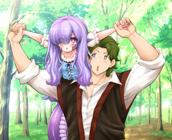  1boy blush commentary dress english_commentary eyes_visible_through_hair fantasy female forest green_hair hair_over_one_eye holding_hands lamia light_purple_hair long_hair monster_girl nature nenbuta open_mouth original pointy_ears purple_eyes scales shirt short_hair stretching tail tree upper_body v-shaped_eyebrows 