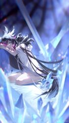  arm_pillow bare_legs black_hair blurry blurry_background closed_eyes closed_mouth columbina_(genshin_impact) commentary_request depth_of_field dress eye_mask female full_body genshin_impact highres ice jacket long_hair multicolored_hair open_clothes open_jacket purple_hair sleeping solo streaked_hair very_long_hair white_dress white_jacket yu_jiu 