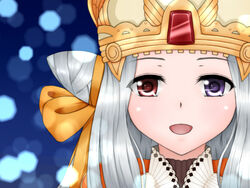  aoi_hito blush brown_dress commentary_request cone_hair_bun crown dress female gem hair_bun highres layered_dress long_hair looking_at_viewer open_mouth pope_(ragnarok_online) portrait purple_eyes ragnarok_online red_eyes smile solo white_dress white_hair 