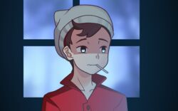  1boy beanie brown_hair buttons cigarette collarbone commentary_request doomer gazing_eye grey_hat hat male_focus meme mouth_hold pokemon pokemon_swsh popped_collar red_shirt shirt short_hair solo swept_bangs upper_body victor_(pokemon) wavy_mouth 