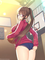  absurdres arima_senne ass ball basketball basketball_(object) basketball_hoop black_buruma breasts brown_hair buruma commentary_request female glasses gym highres holding holding_ball indoors jacket kashiwamochi_yomogi large_breasts lens_flare long_hair long_sleeves looking_at_viewer looking_back open_mouth original pantylines ponytail red_eyes red_jacket simple_background solo standing track_jacket track_suit 